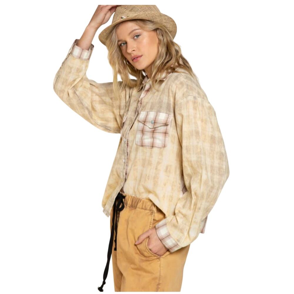 POL Oversized Plaid Shirt M Lightweight Distressed Wash Button Down
